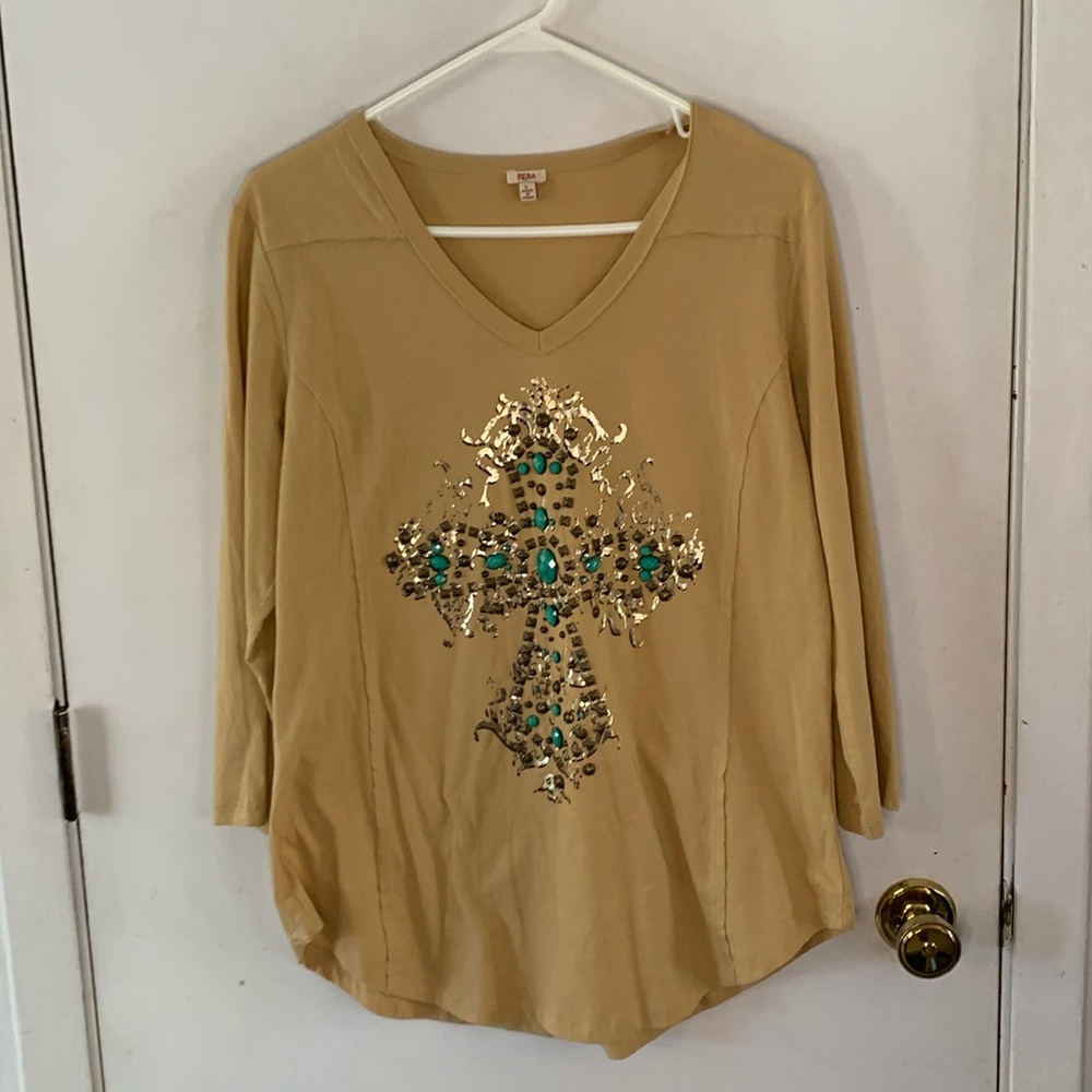Reba tan long sleeve knit top with metal & faux turquoise cross embellishment